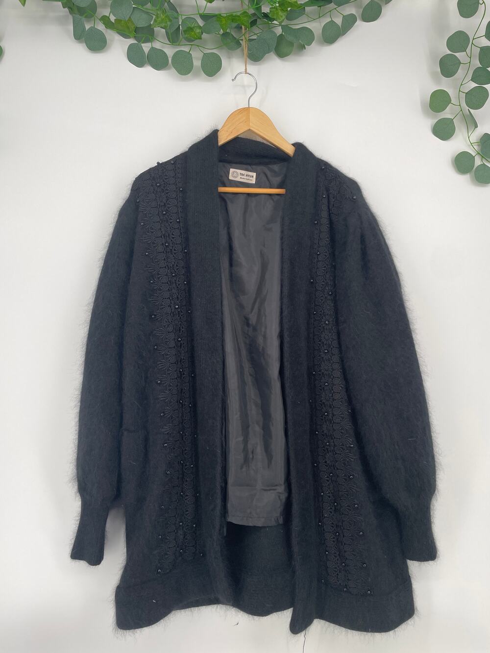 VTG 90's Black Front Beaded Crochet Angora Open Long Sleeved Lined Coat